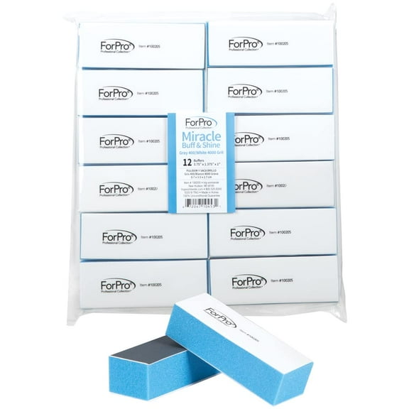 ForPro Miracle Buff & Shine - Grey 400/White 4000 Grit- Twelve (12) Double Sided Manicure & Pedicure Buffers - 1” H x 1.375” W x 3.75” L