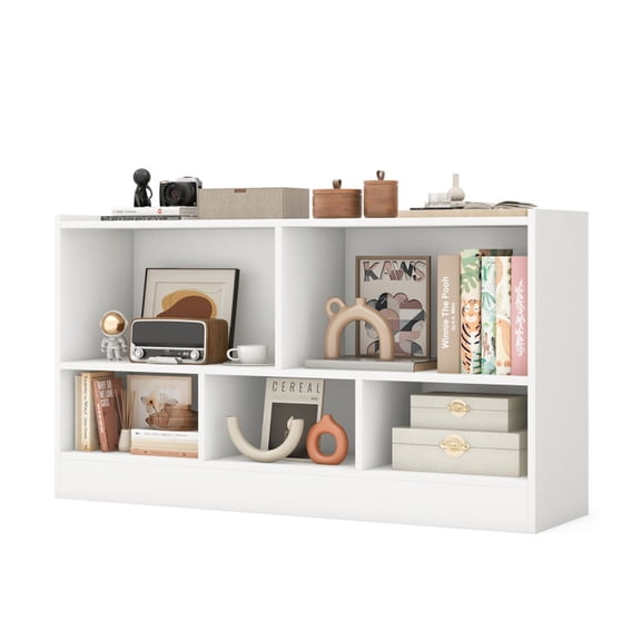 Furnibear Kids 2 Shelf Bookcase with 5 Cube Wood Toy Storage Cabinet Organizer for Playroom Nursery and Classroom, White