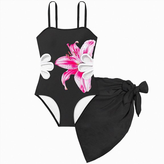 OYXSER Girls Swimsuit One-Piece Bathing Suit with Solid Color Cover Up Skirt Adjustable Straps Cut Out Swimwear, Black 9-10Y