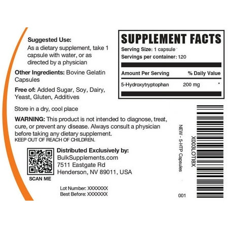 BulkSupplements 5-HTP 200mg Capsules - 5-Hydroxytryptophan, Dietary Supplement - 1 Capsule per Serving, 120 Count