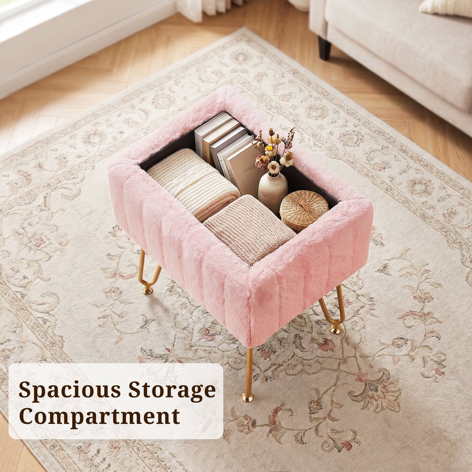 Casabay Vanity Stool Chair with Storage, Faux Fur Footstool Ottoman with Metal Legs & Anti-Slip Adjustable Feet for Bedroom, Entryway