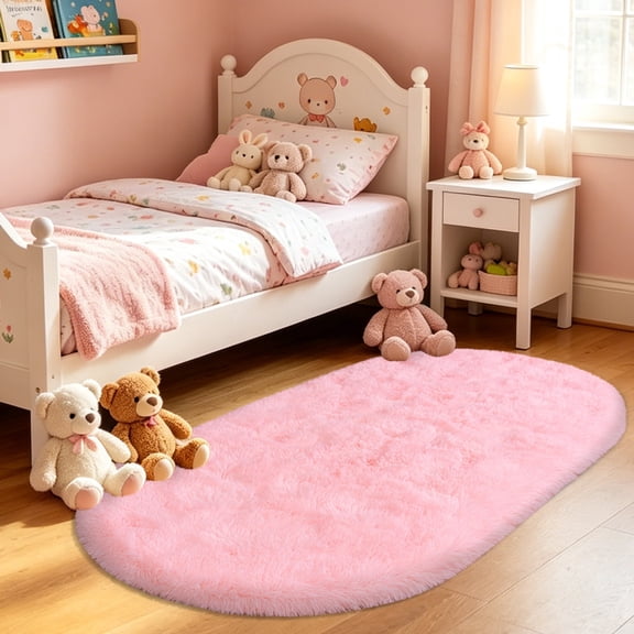Janvonne Oval Fluffy Area Rug for Bedroom, 2.6' x 5.3' Soft Plush Shaggy Carpet for Kids Room Bedside Nursery, Pink