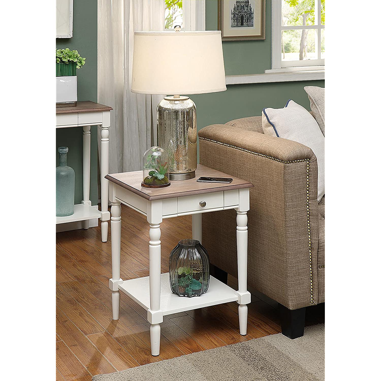 Driftwood//White Convenience Concepts 6042185DFTW French Country End Table with Drawer and Shelf