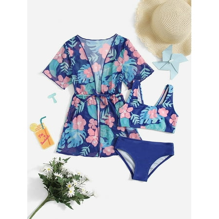 

Toddler Girls 3pack Tropical Print Drawstring Waist Bikini Swimsuit Swimwear S221904X Blue 110(4-5Y)