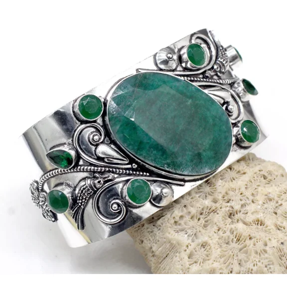 Samrat Jewelry 925 Sterling Silver Cuff Bracelet with Green Ruby & Emerald Gemstones – Adjustable Size