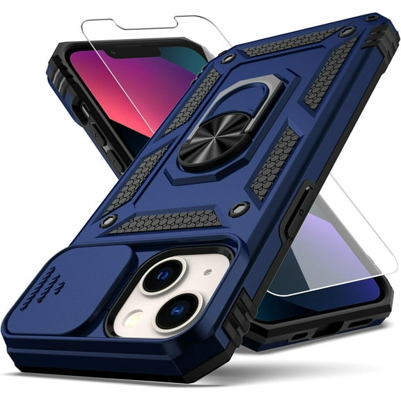 for iPhone 13 Case,with Camera Lens Cover HD Screen Protector,[Military Grade] Ring Car Mount Kickstand Hybrid Hard PC Soft TPU Shockproof Protective Case for iPhone 13-Blue