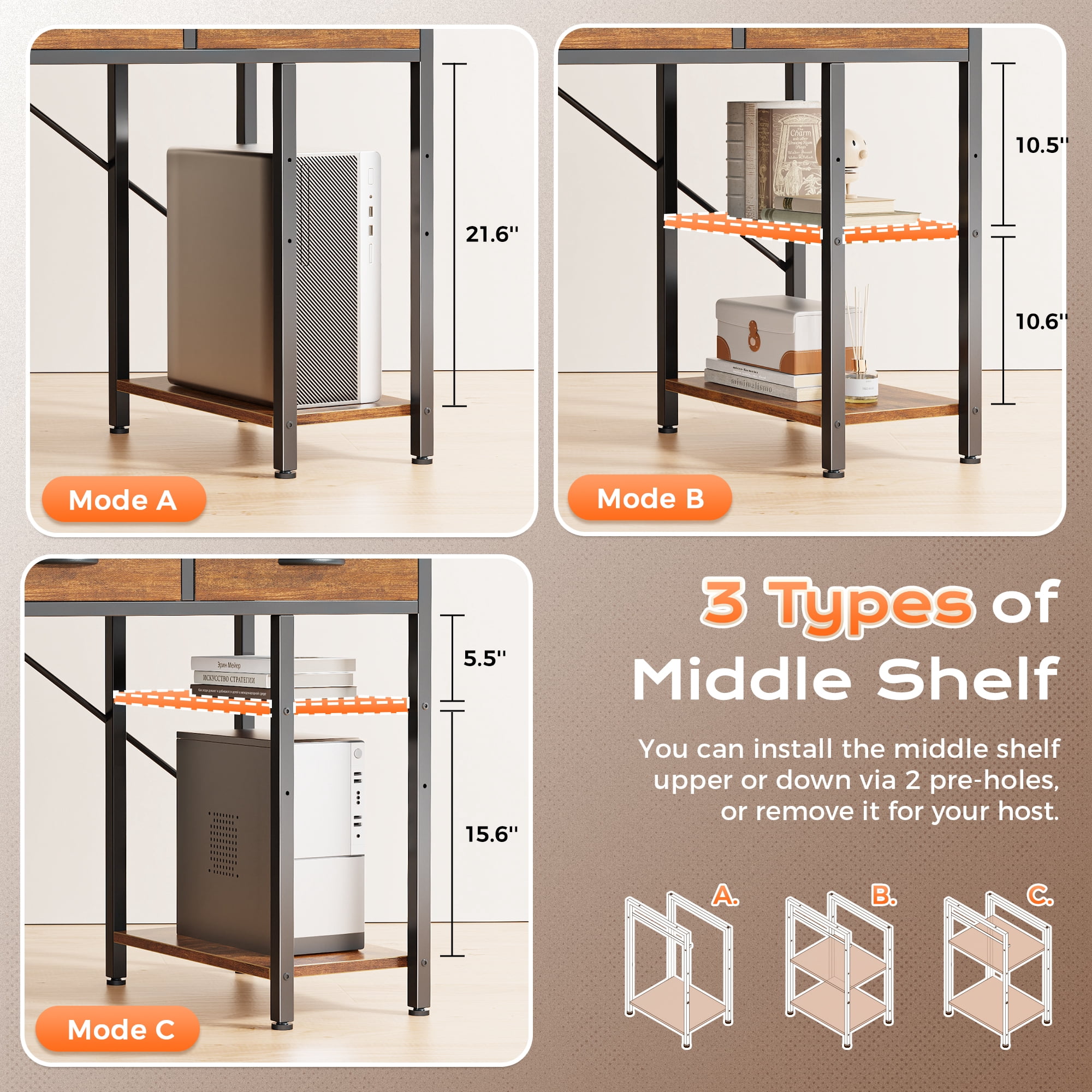 Amadwell 54" Desk with Drawers & Storage, Office Desk with Reversible Shelves, Gaming Computer Desk, Brown