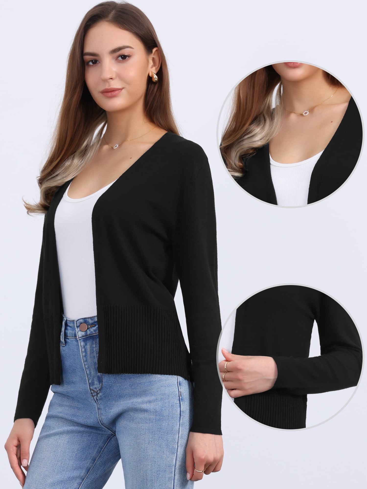 DARING DIVA Women's Open Front Long Sleeve Knit Cropped Cardigan XS Black