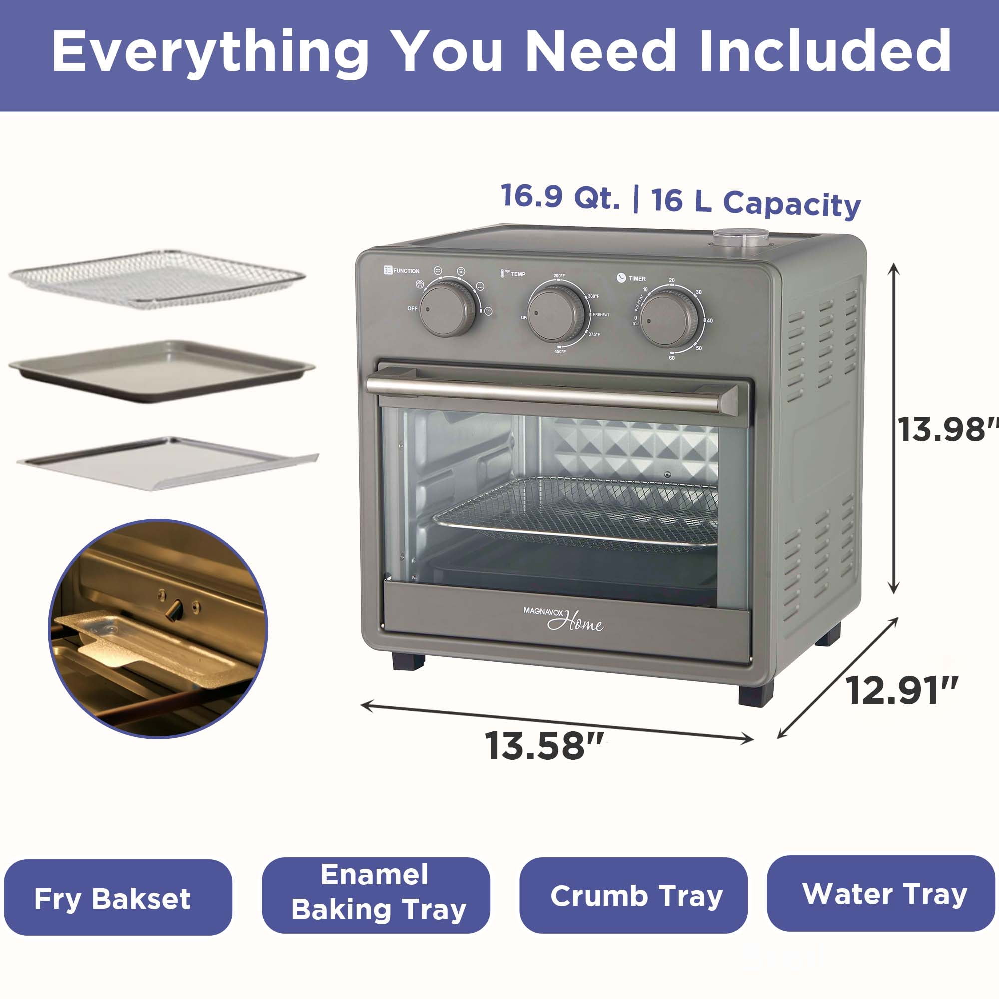 Magnavox 16.9 Qt./16L Air Fryer Oven with Steam Infusion, Countertop Convection Toaster Oven with Viewing Window, Char