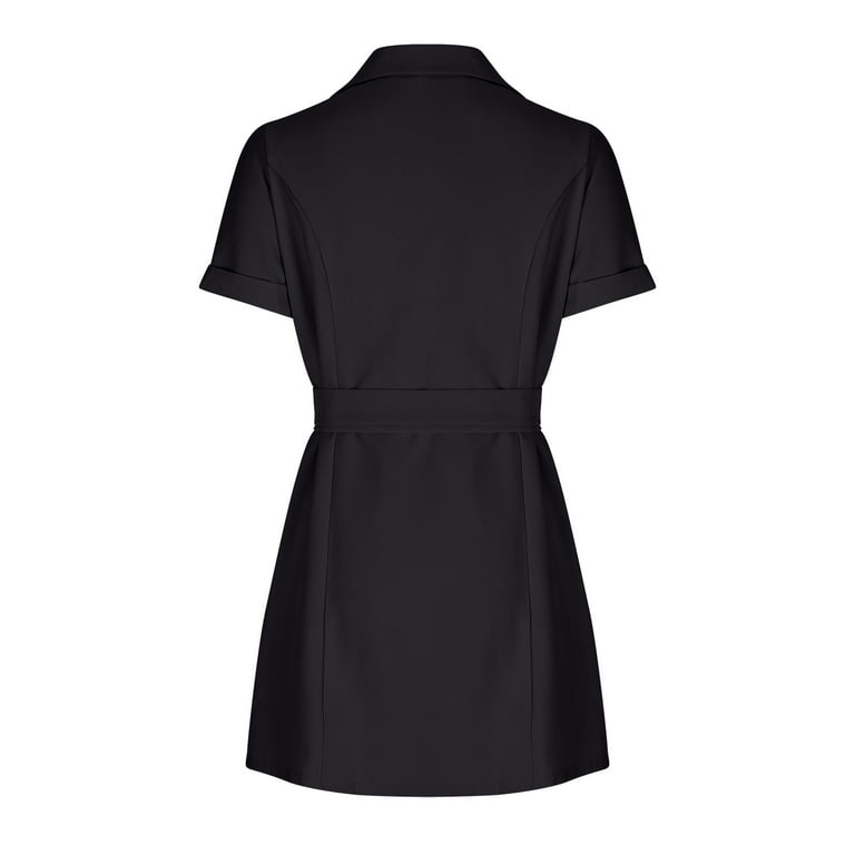 Uaswgudfs Women's Short Sleeve Double-Breasted Midi Dress with Lapel Collar  & Decorative Belt - Tailored Fit Casual Summer Dresses Black L - Walmart.com