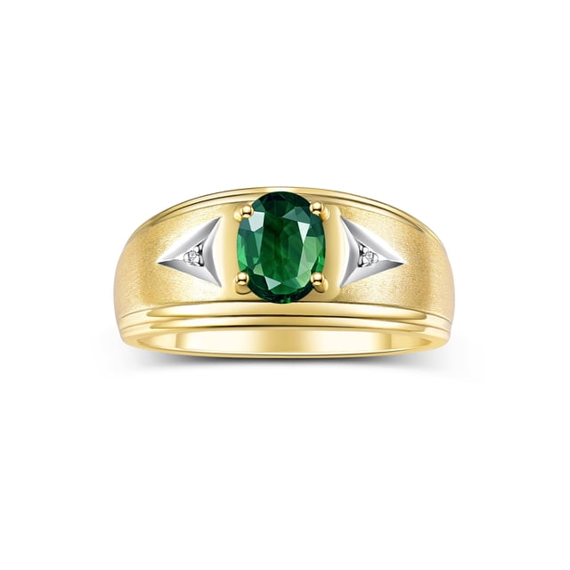 RYLOS Men's Rings 14K Yellow Gold Classic 8X6MM Oval Gemstone & Diamond Ring Green Sapphire September Birthstone Rings For Man Gold Rings Size 10