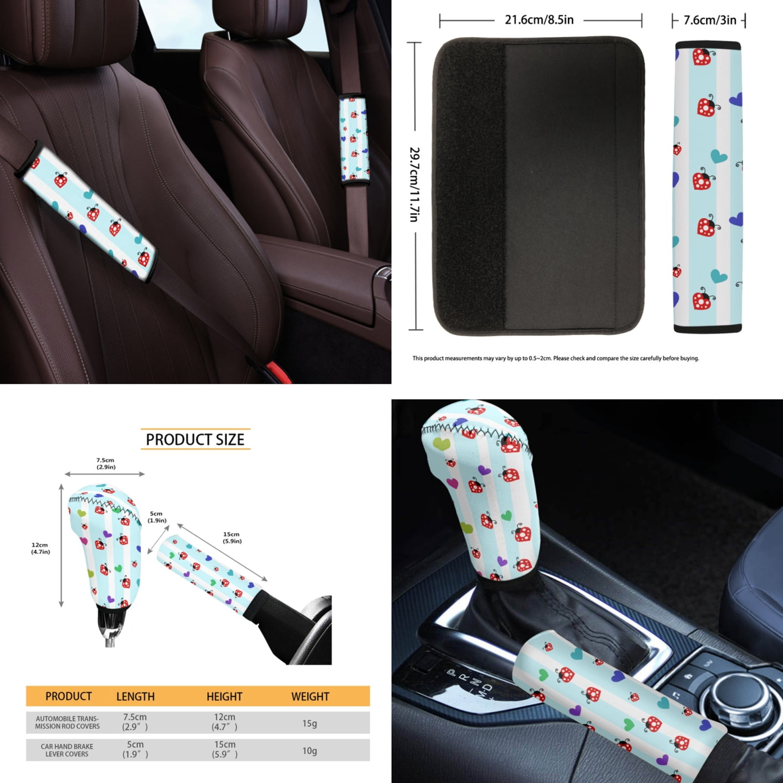 Yuyamidu Ladybug Front Rear Car Seat Covers Full Set of 14 Blue Stripes Steering Wheel Cover Seat Belt Pads Coasters Waste Bin Armrest Cover Cup Holders Rearview Mirror Cover Handbrake Cover Set