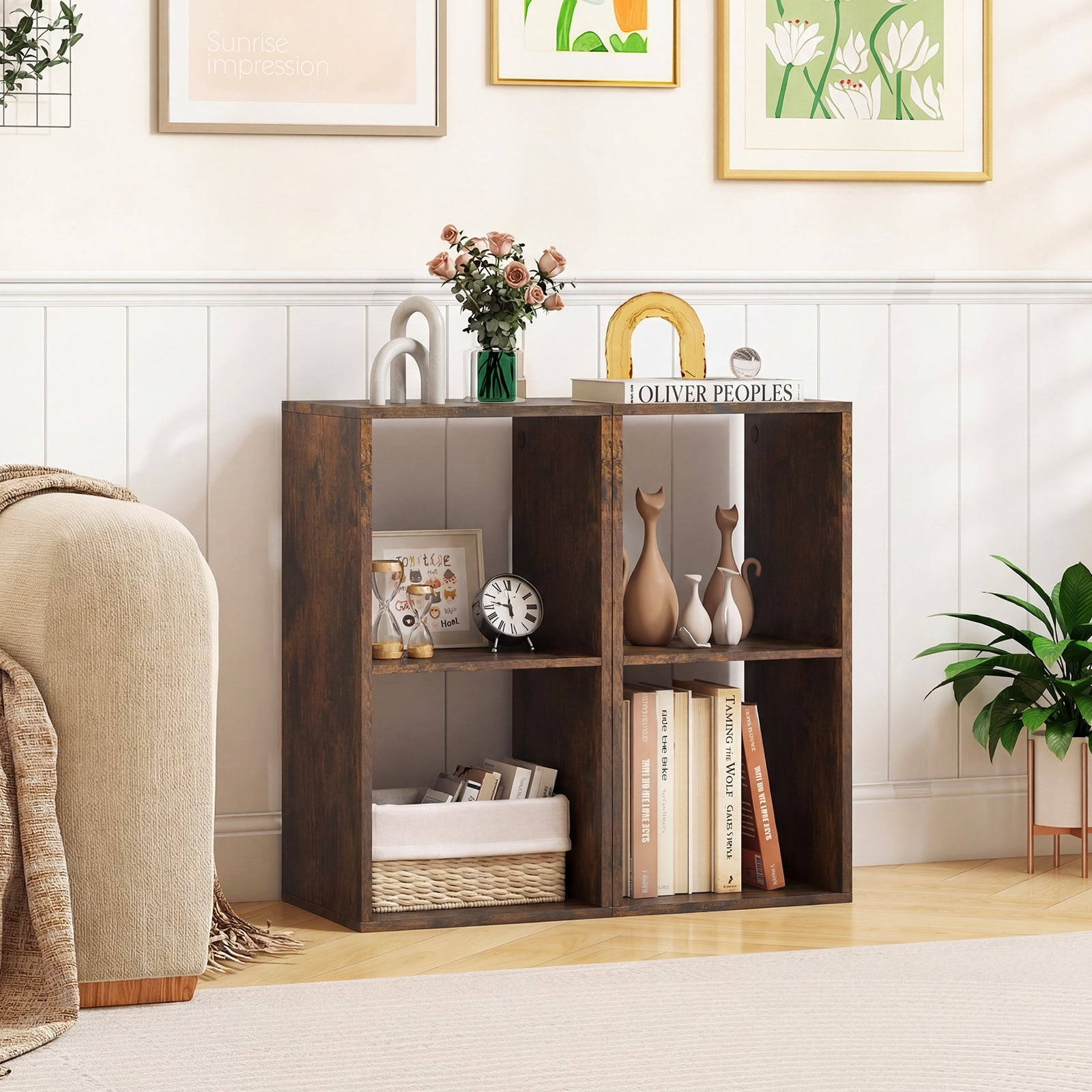 Gymax 2PCS 2-Cube Bookcase w/ Anti-tip Kit 2-Tier Open Back Bookshelf for Bedroom Brown