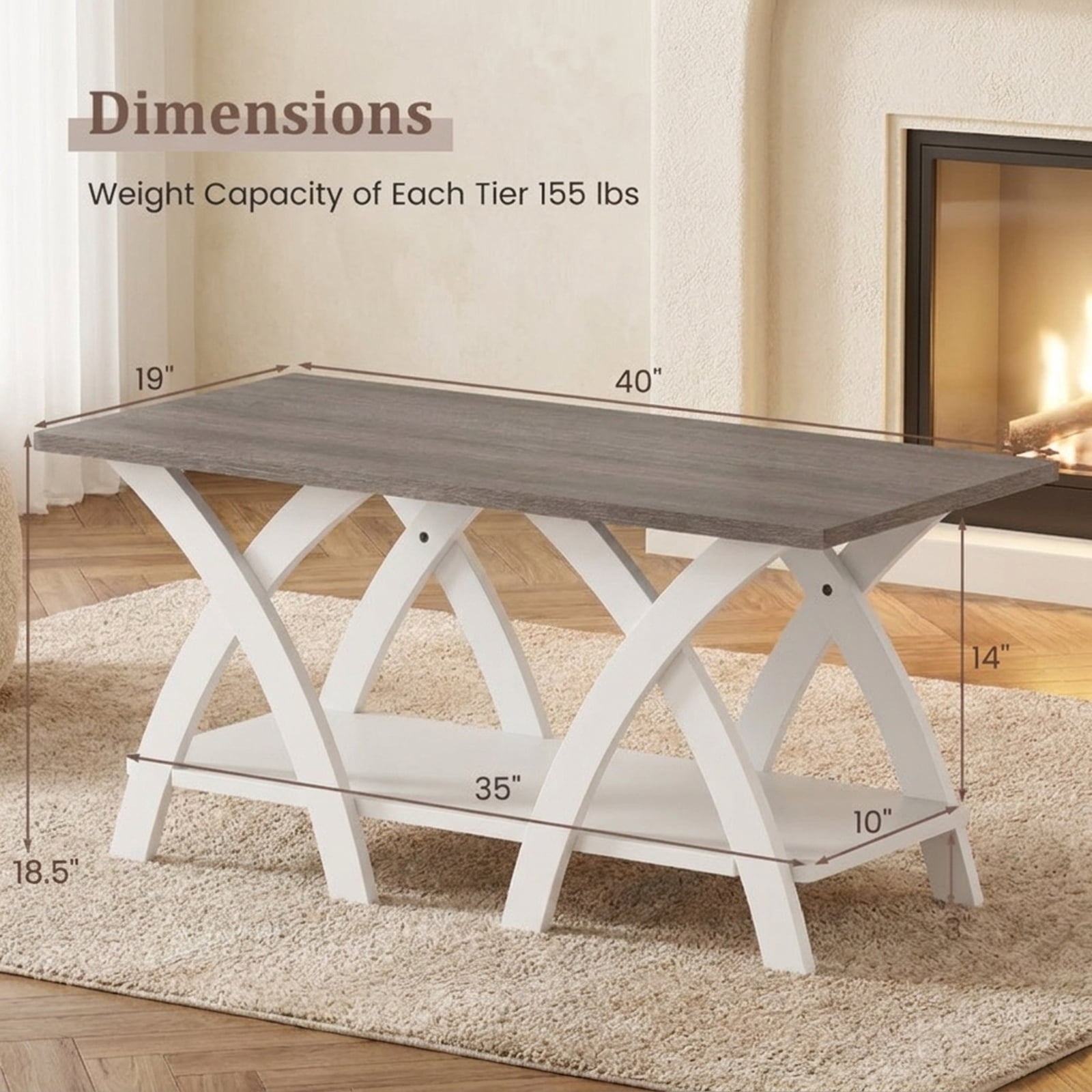 Furnibear 40 Inch Farmhouse Wooden Coffee Table with Storage Shelf with X-shaped Legs - Gray - Living Room Cocktail Center Table