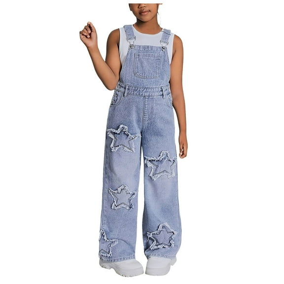 Yammkia Toddler Baby Cotton Overalls Girls Overalls Denim Bib Distressed Jumpsuit Kids Blue Baggy Jean Pants with Pockets 7-16 Years,9-10 Years