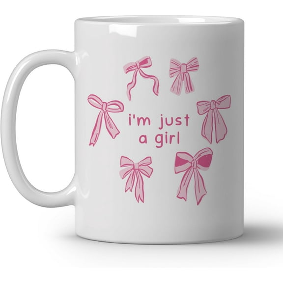 Preppy Coquette Pink Bows Coffee Mugs, Cute Gifts For Women Girls, I Am Just A Girl Ceramic Coffee Mug, Pink Girly Coffee Cup, 11oz Ceramic Cup White