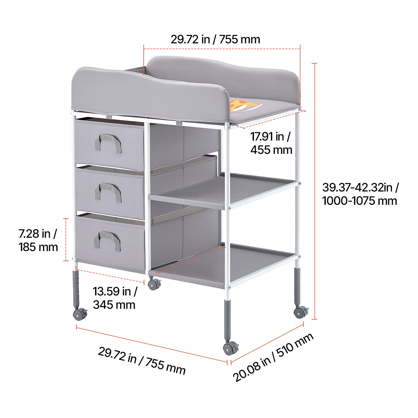 KFFKFF Portable Diaper Changing Table with Adjustable Height, Storage Organizer, Lockable Wheels, and 3 Fabric Drawers, Gray