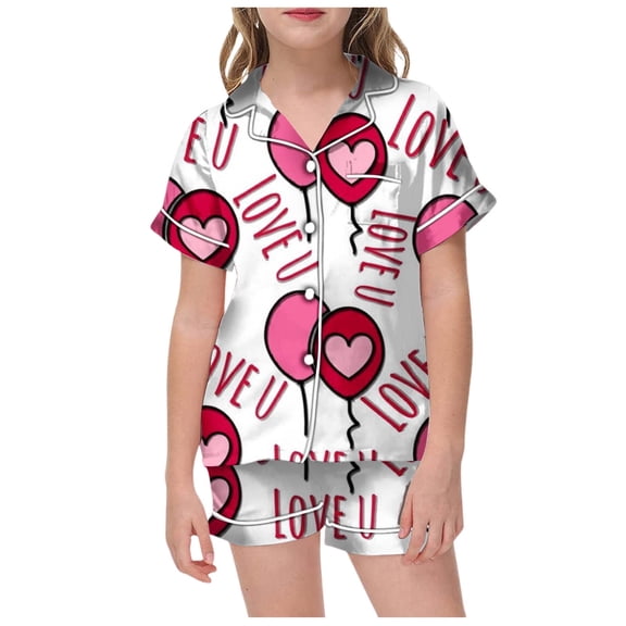 Girls Silk Pajamas Set Button Down Short Sleeve & Short Pants Outfit Valentines Day Pjs Heart Print Casual Home Clothes 2 Piece Satin Pajama Sets(Pink,10-11 Years)