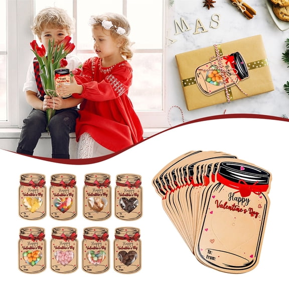 50Pcs Mason Jar Valentine Cards with Bags & Ties, 5.9x3.5 Inch Kraft Paper Candy Holders. DIY Heart Window Treat Gift Tags for Kids School Classroom Exchange, Rustic Party Favors