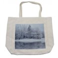 thumbnail image 1 of Christmas Shopping Bag, Frozen Lake in Winter Blizzard Forest Water Cold Icy Pure Rural Nature Scenery View, Eco-Friendly Reusable Bag for Groceries Beach and More, 15.5" X 14.5", Cream, by Ambesonne, 1 of 2