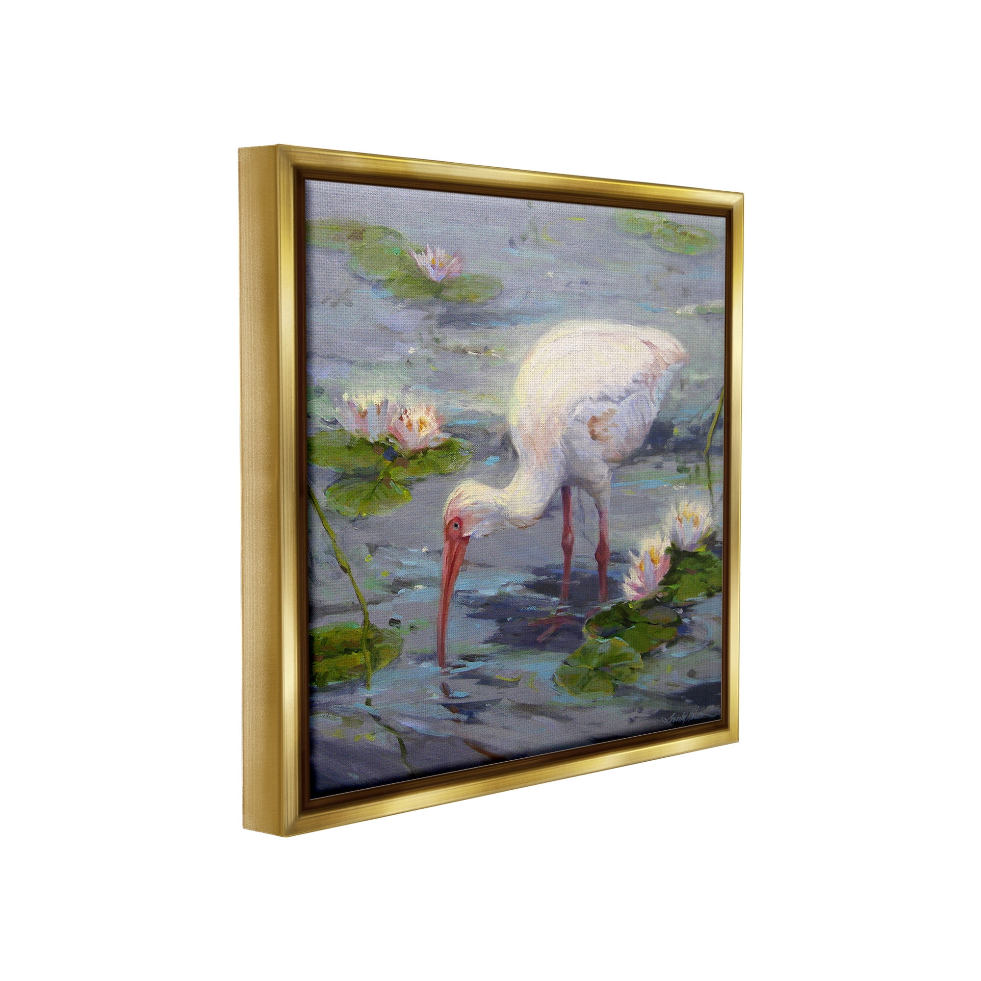 Stupell Industries Water Bird with Pond Lilies Animals & Insects Painting Gold Floater Framed Canvas Art Print Wall Art, 25 x 25