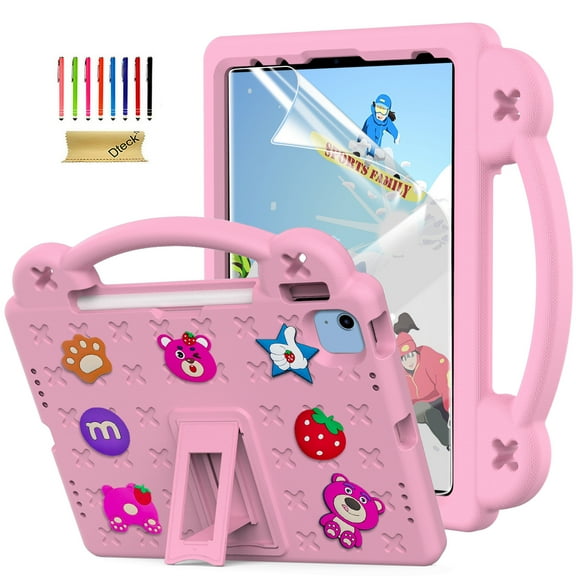 Dteck for iPad 10th Generation Case with Screen Protector, DIY Cute Cartoon Toys for Kids Child Proof Shockproof Protective Kids Case with Handle Stand Pencil Holder for 10.9" iPad 10th Gen,Pink