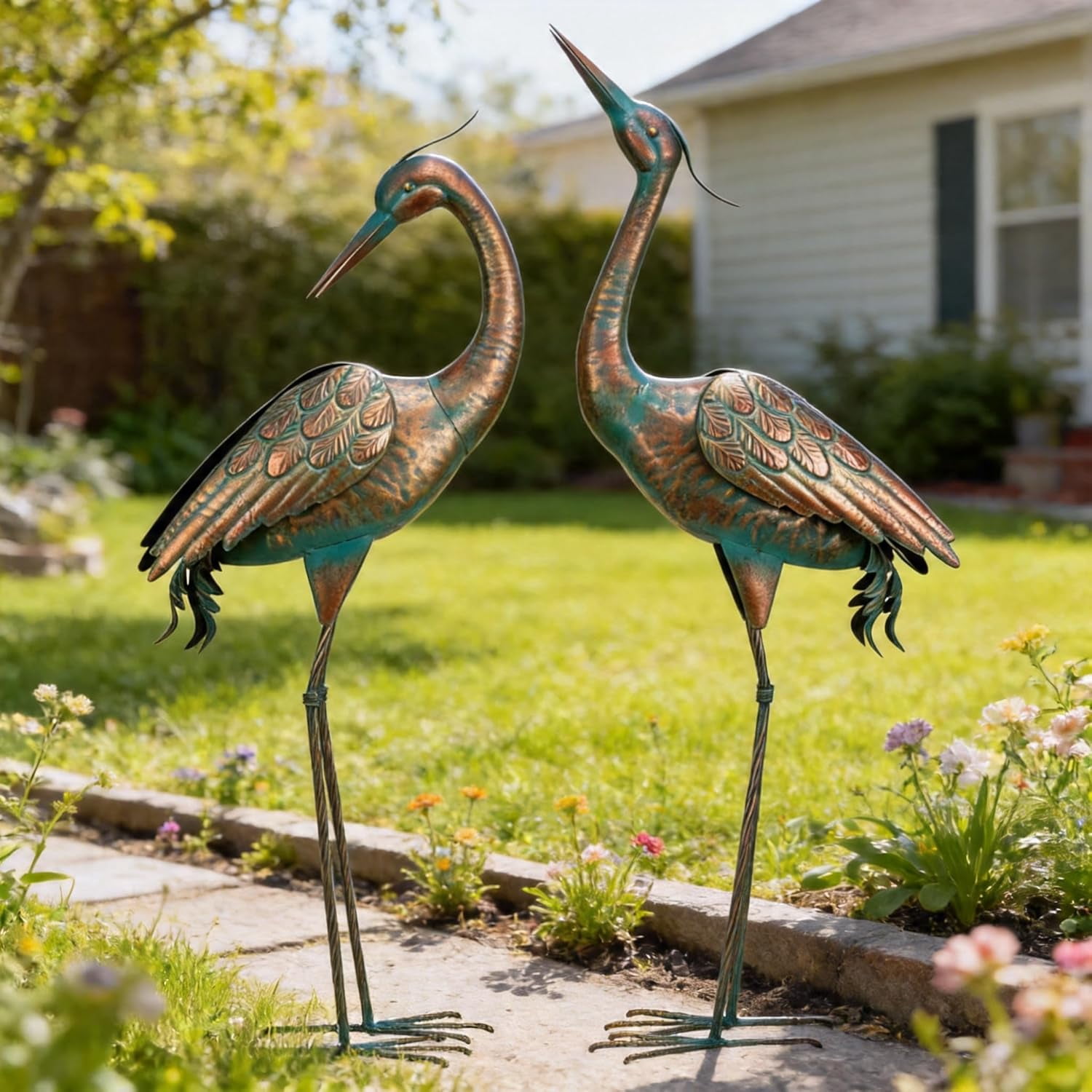 Garden Crane Statues Blue Heron Metal Yard Art Outdoor Decoration,Large Sculptures for Lawn Patio Porch,39-44 inch,Set of 2