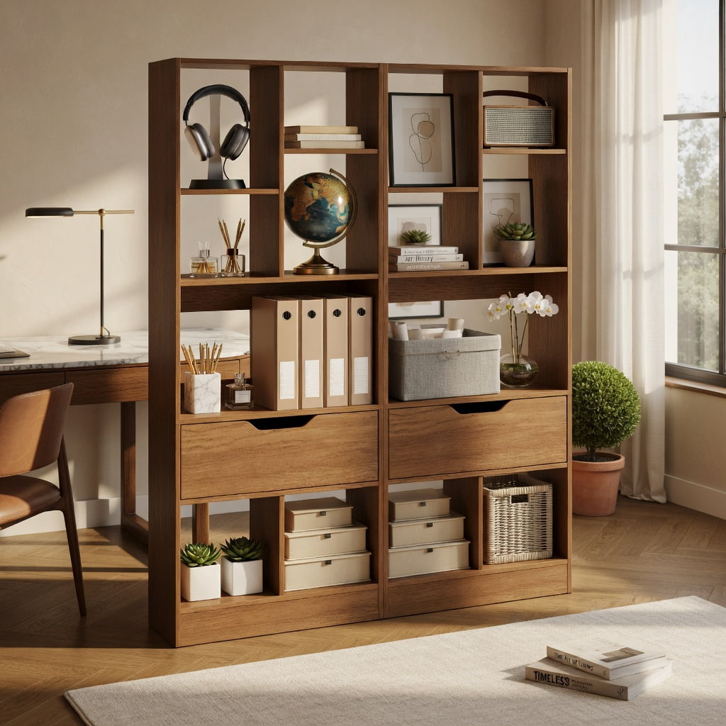 GVN 51inch Tall Freestanding Bookcase 7-Cube Storage Organizer with Drawer Multi-Use Open Shelves for Home Office Study Living Room Books Decor Display, Natural