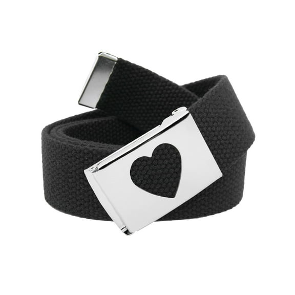 Women's Silver Flip Top Heart Belt Buckle with Canvas Web Belt Small Black