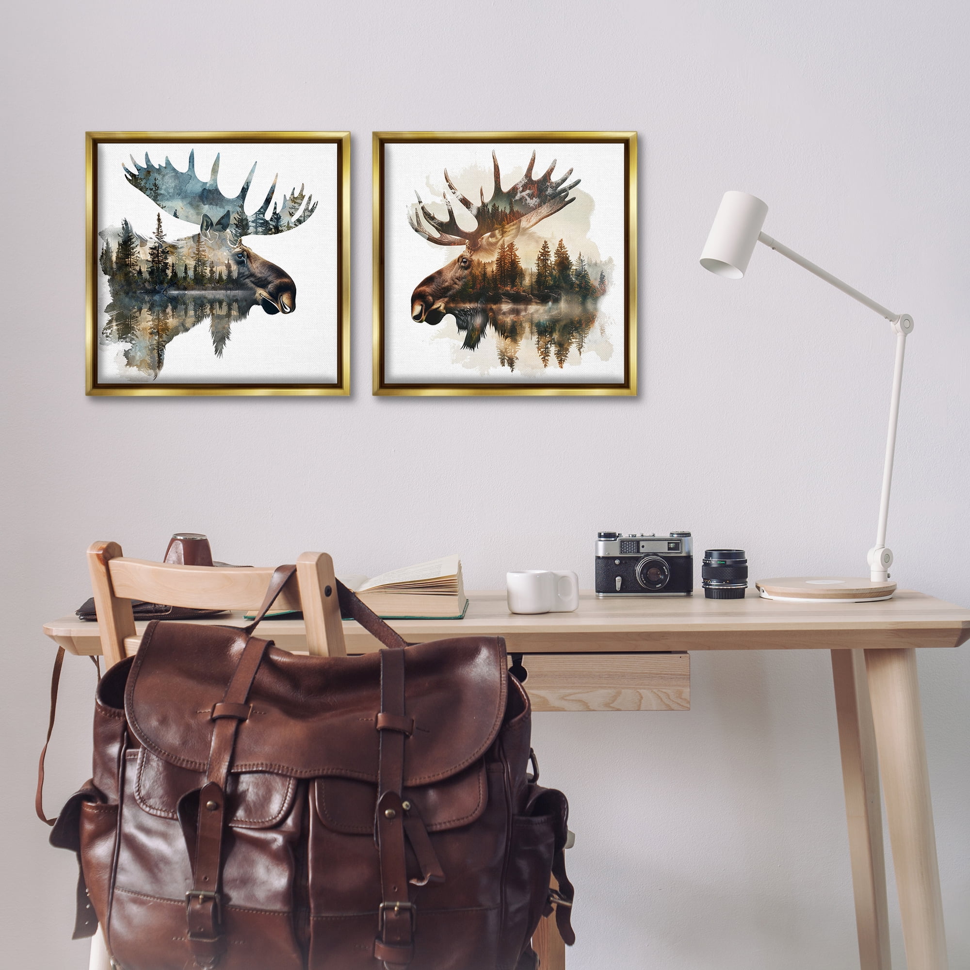 Stupell Industries Woodland Moose Forest Silhouettes Animals Painting Gold Floater Framed Canvas Art Print Wall Art, 18 x 18, Set of 2