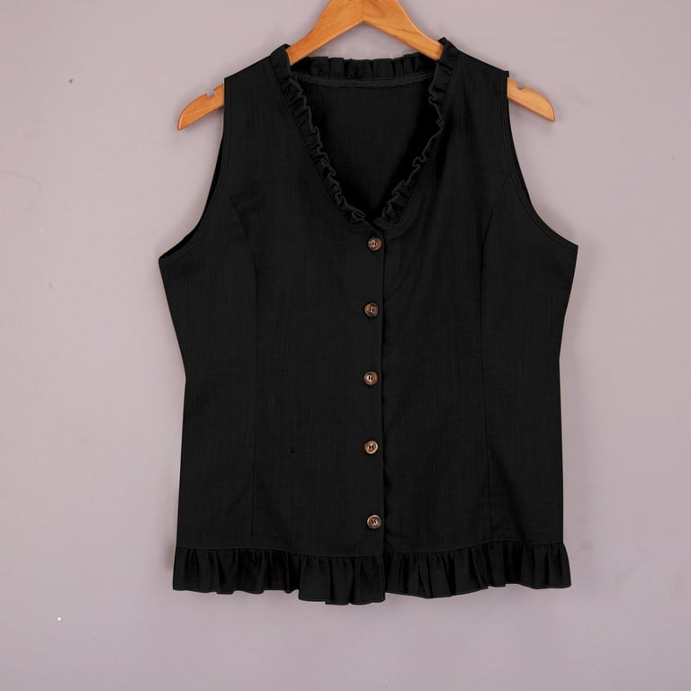 Women's Slub Cotton Linen Sleeveless Vest with Ruffle Trim, V Neck
