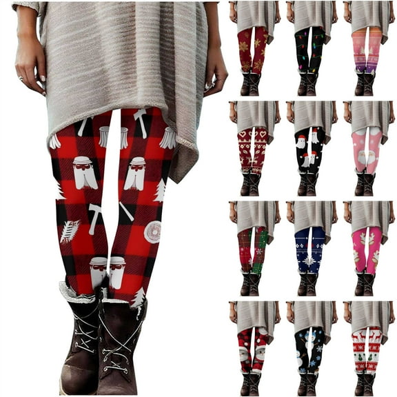 QIUOMBBP Black Women's Xmas Athletic Leggings Gym High Waisted Butt Lifting Tights Casual Tummy Control Workout Yoga Pants L