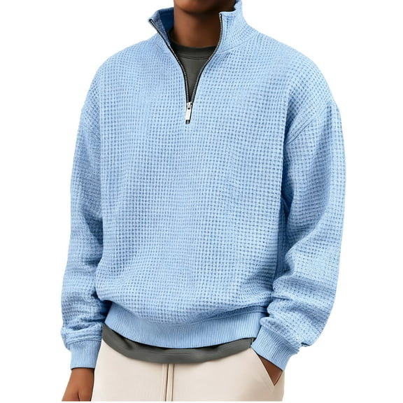 Zedker Fashion Honeycomb Knitted Casual Long Sleeve Quarter Zipper Shirts for Men Comfy Stand Collar Loose Breathable Tops,Light Blue,L