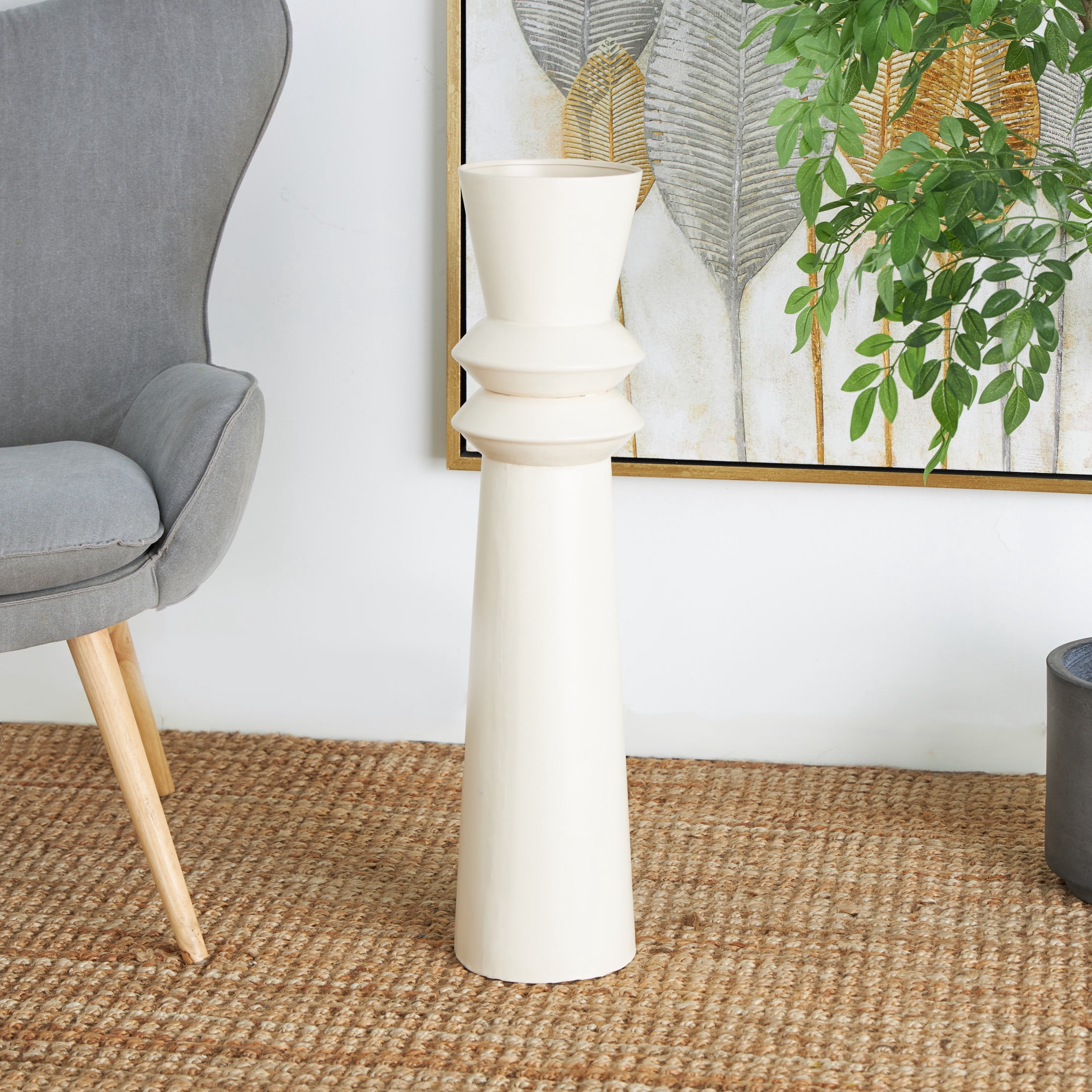 DecMode 32" Tall Art Deco Fluted Floor Cream Metal Vase