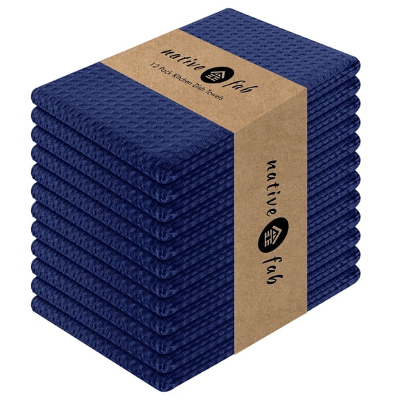 Native Fab Waffle Kitchen Towels - 12 Pack, 100% Cotton Soft, Absorbent, Durable, Washable Dish Towels, Quick Drying, Dishcloths for Cleaning, Cooking, Everyday Kitchen Tasks, 16x26 inches - Ink Blue