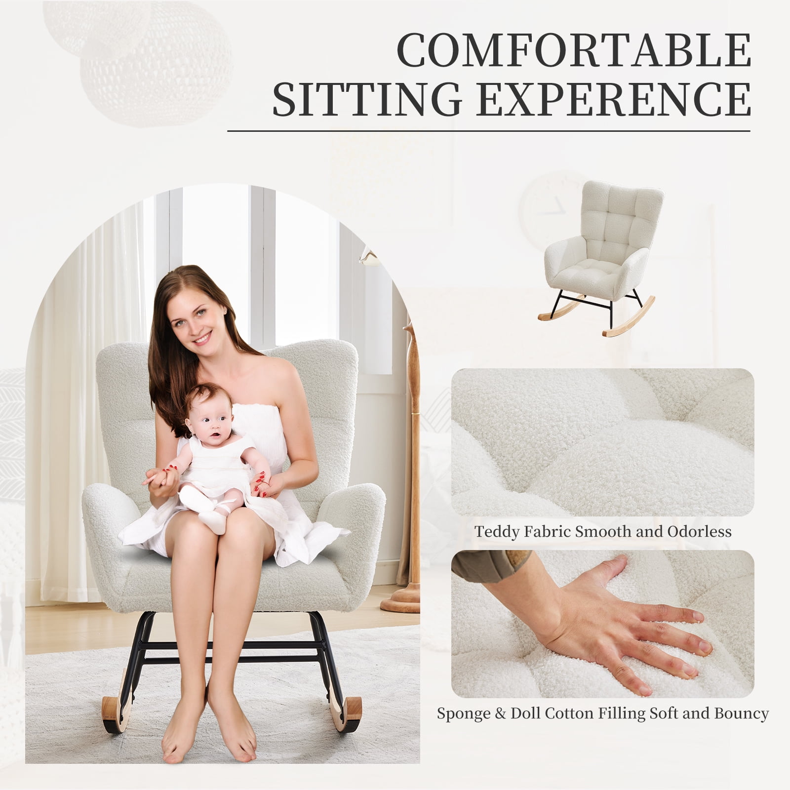 300Lbs Load-Bearing Nursery Glider Rocking Chair, Teddy Upholstered, High Backrest & Armrests, Side Pockets, Padded Seat, High Backrest, Armrests, Metal Legs & Wood Base for Living Room, Bedroom