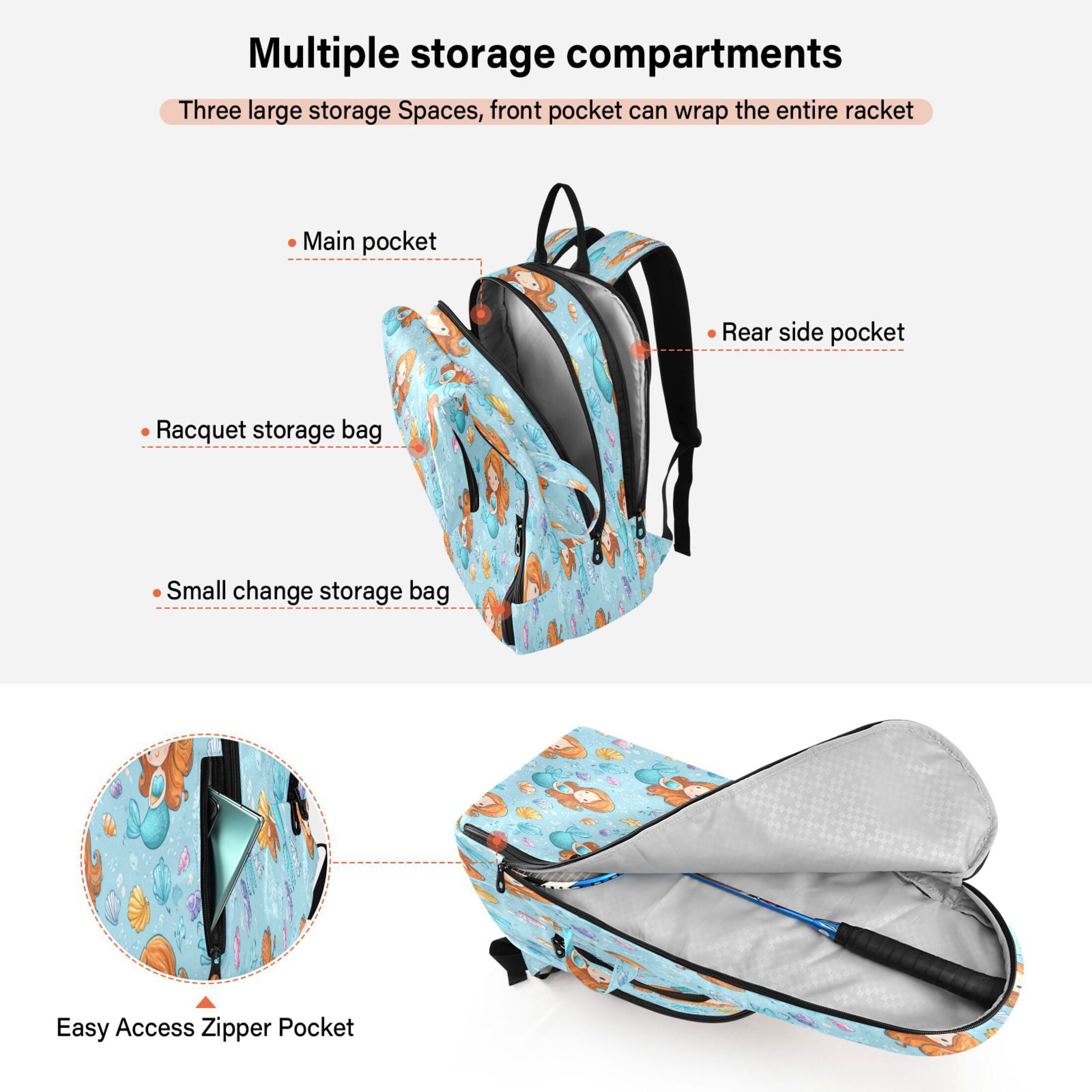 2 Racquet Holder Tennis Backpack Tennis Racket Covers Gym Bags Little Mermaids and Seashells