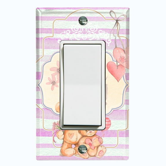 Metal Light Switch Wall Plate Outlet Cover (2 Teddy Bears With Love Heart Balloon Flower Pink Stripes - Single Rocker)