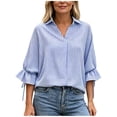 thumbnail image 4 of Bosfbaoi Striped Blouses for Women Collared V Neck 3/4 Tie Sleeve Back Split Casual Shirts, 4 of 7