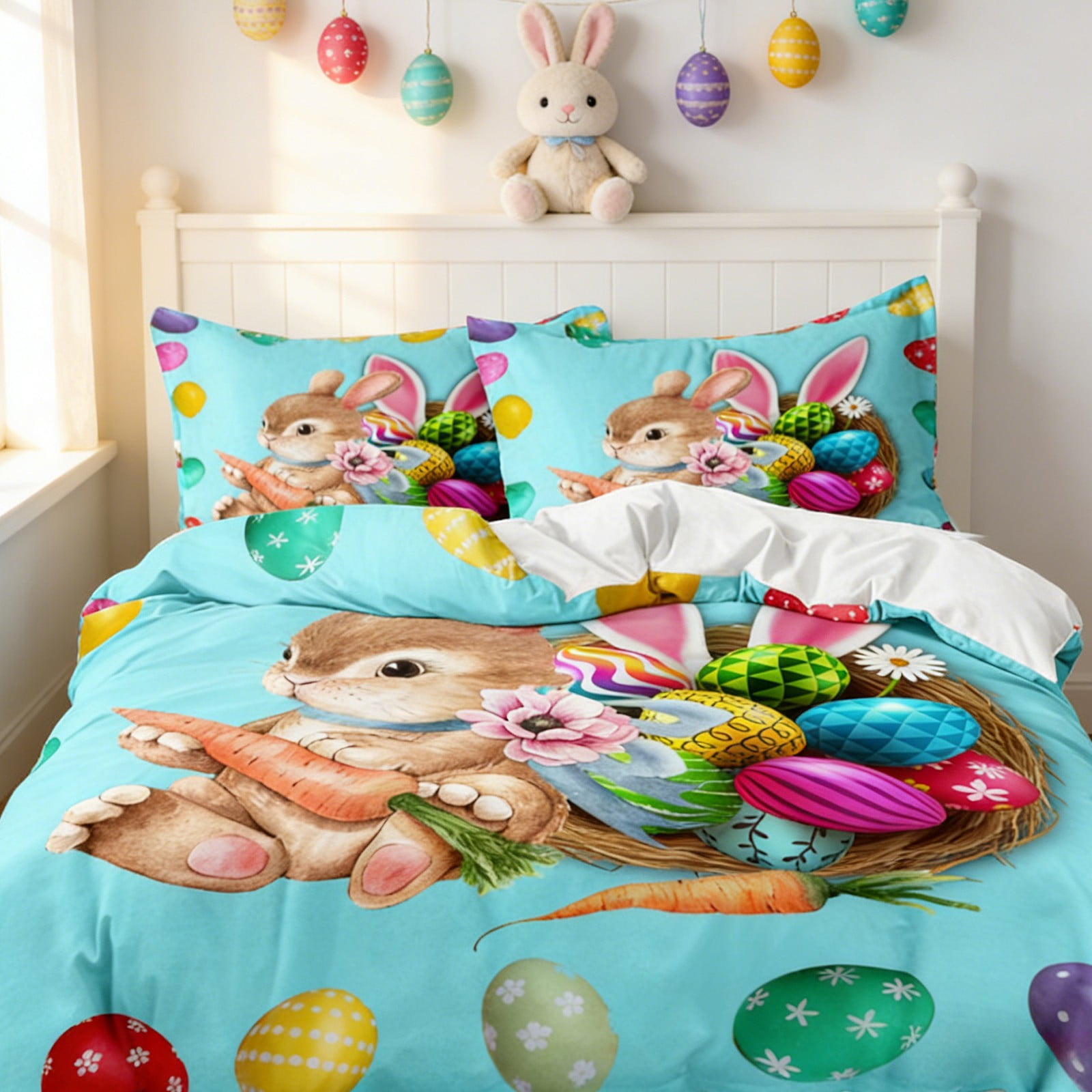 Easter Queen Comforter Set 3-Piece: Adorable Bunny & Egg Duvet Cover with 2 Standard Pillowcases | Spring Home Decor by PALIFEUR