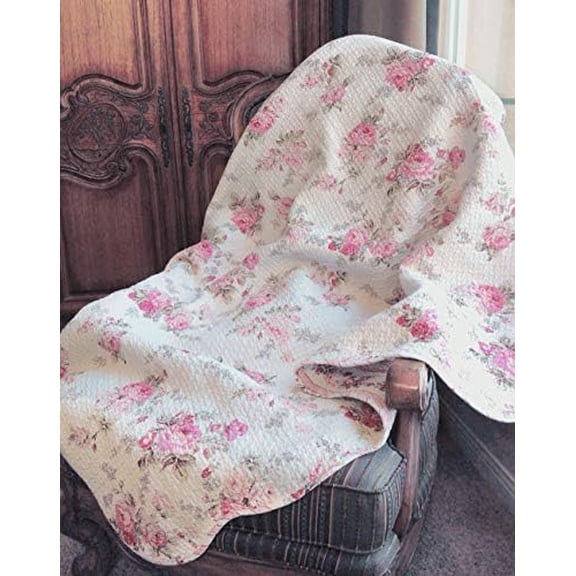 Josephine Spring Peony Pink Ivory Floral Shabby Chic Reversible 100% Cotton Quilted Throw Blanket 60" x 50" Machine Washable and Dryable (Peony)