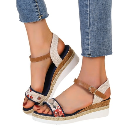 

Wazshop Women s Wedges Ankle Strap Platform Sandal Summer Wedge Sandals Comfort Beach Dress Shoe Women Shoes Buckle Lightweight Blue 8