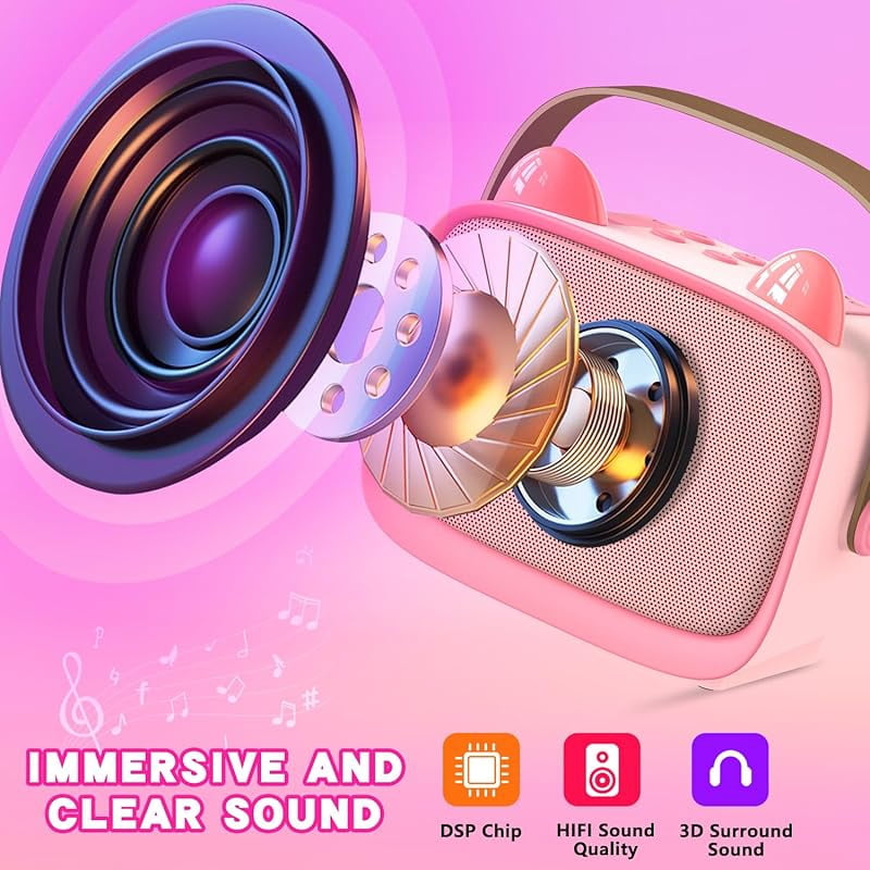 Zeokiar Upgraded Mini Karaoke Machine Toy for Kids, Portable Bluetooth Speaker with 2 Wireless Mics, Emoji & Colorful LED Lights, Home Travel & Party Play Gifts for Boys Girls (Pink)