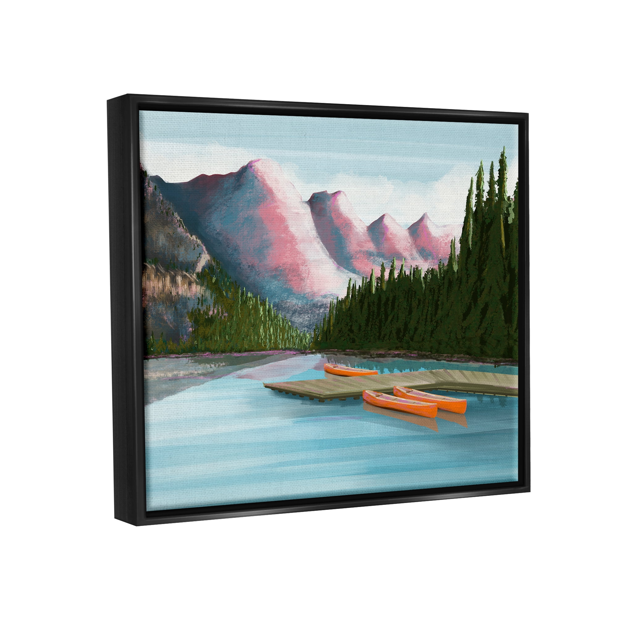 Stupell Calming Lake Camp Nature Canoes Landscape Painting Black Floater Framed Art Print Wall Art