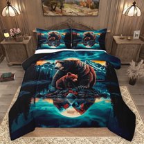 Homewish Woodland Bear Family Queen Comforter Set, Nature Scenery Bedding Sets, Vintage Rustic Lake House Reversible Bedding Comforter Set, Breathable Home Decor, 3 Pieces
