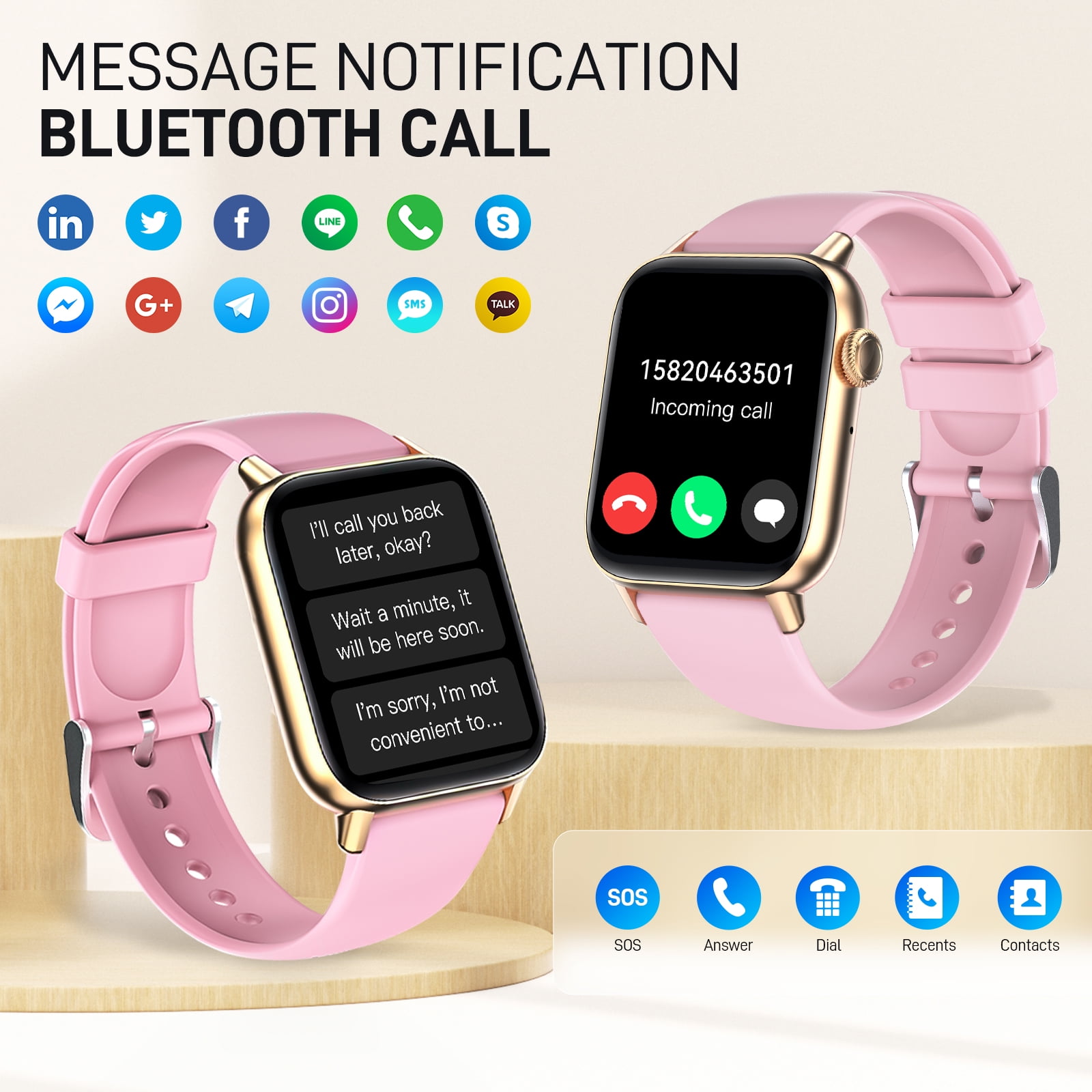 XAXRE Women Men Smart Watch, 1.72 in HD Display, Aluminum Case with Pink Sport Band, New, 1 Count, 1 Pack