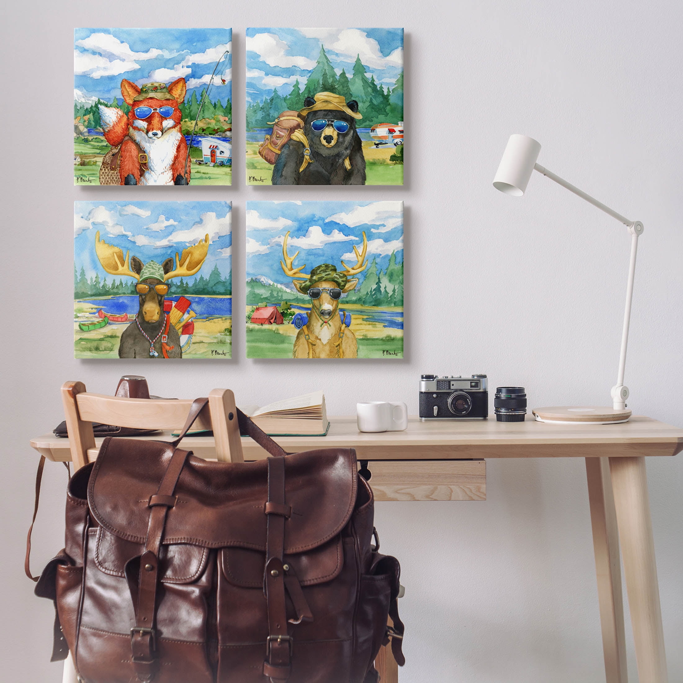 Stupell Industries Happy Camper Woodland Animals Painting Gallery Wrapped Canvas Print Wall Art, Set of 4, Design by Paul Brent