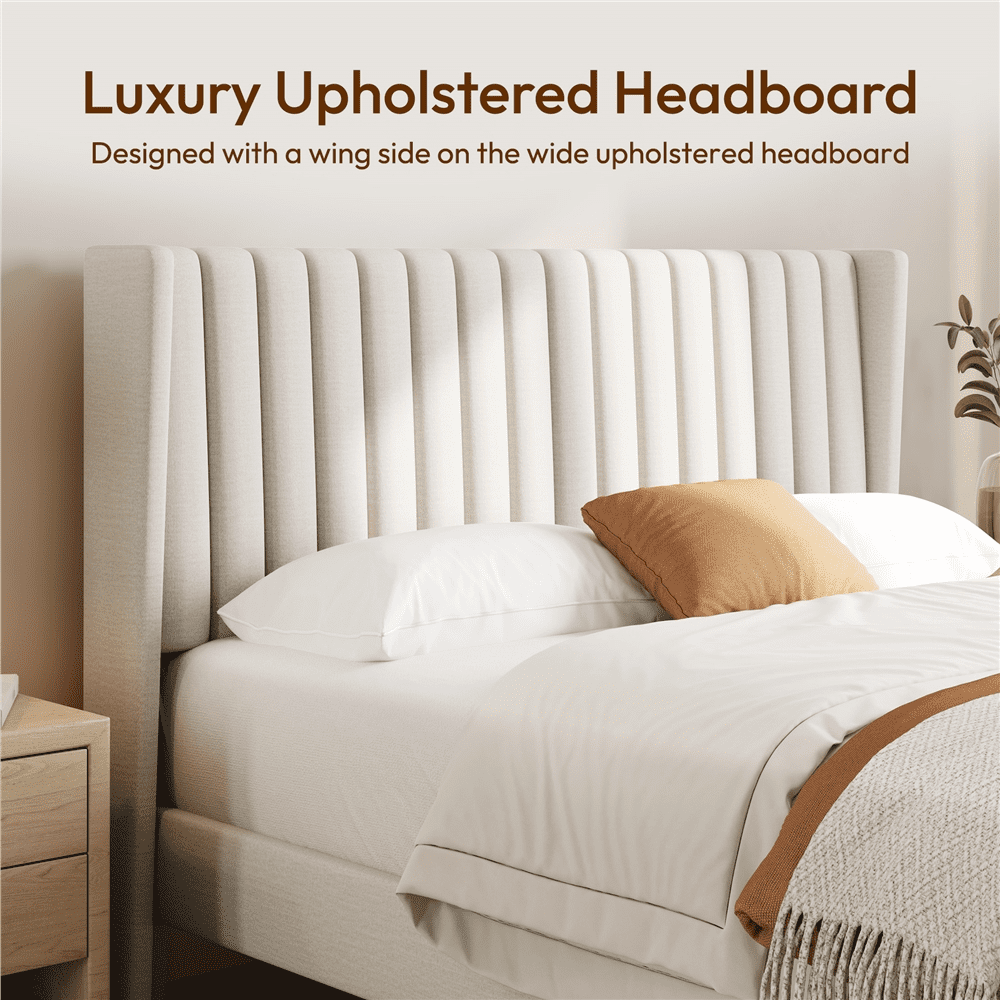 Renwick Queen Upholstered Platform Bed Frame with Channel Tufted Headboard, Ivory