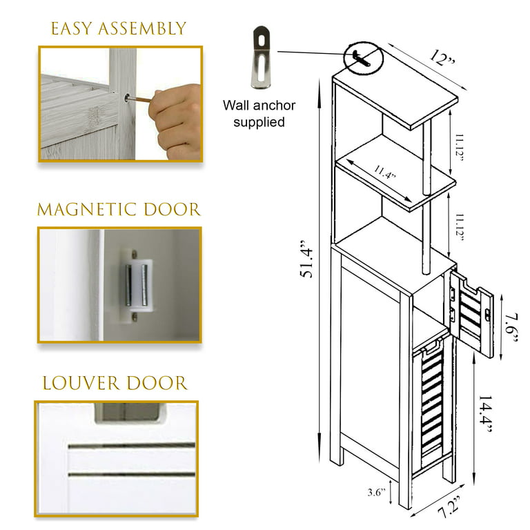 Mahe Slim Storage Cabinet Bamboo-Wood - Freestanding 2-Door Linen Tower with 2-Tier Shelf