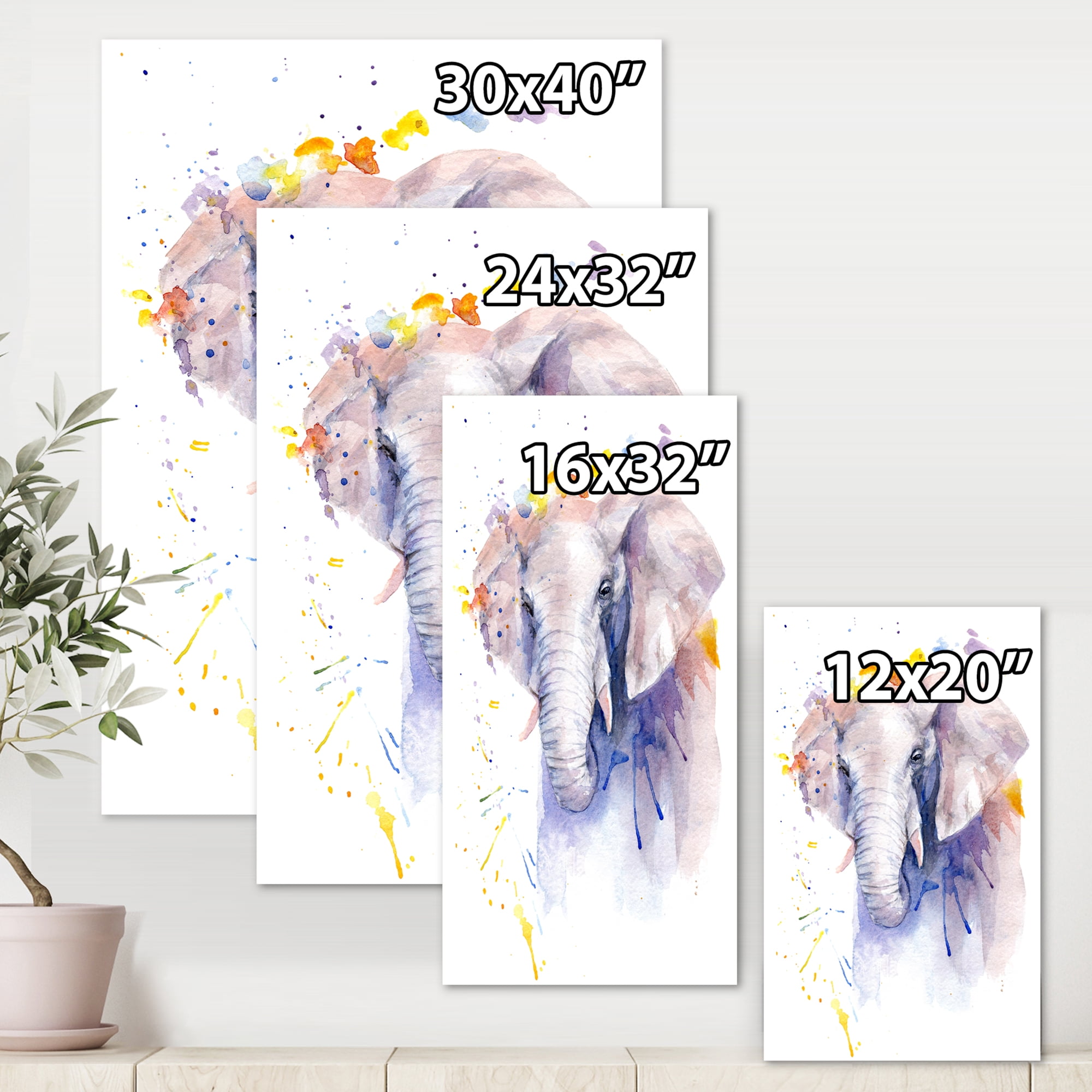 Portrait of An Elephant Yellow and Blue Strokes 12 in x 8 in Painting Canvas Art Print, by Designart